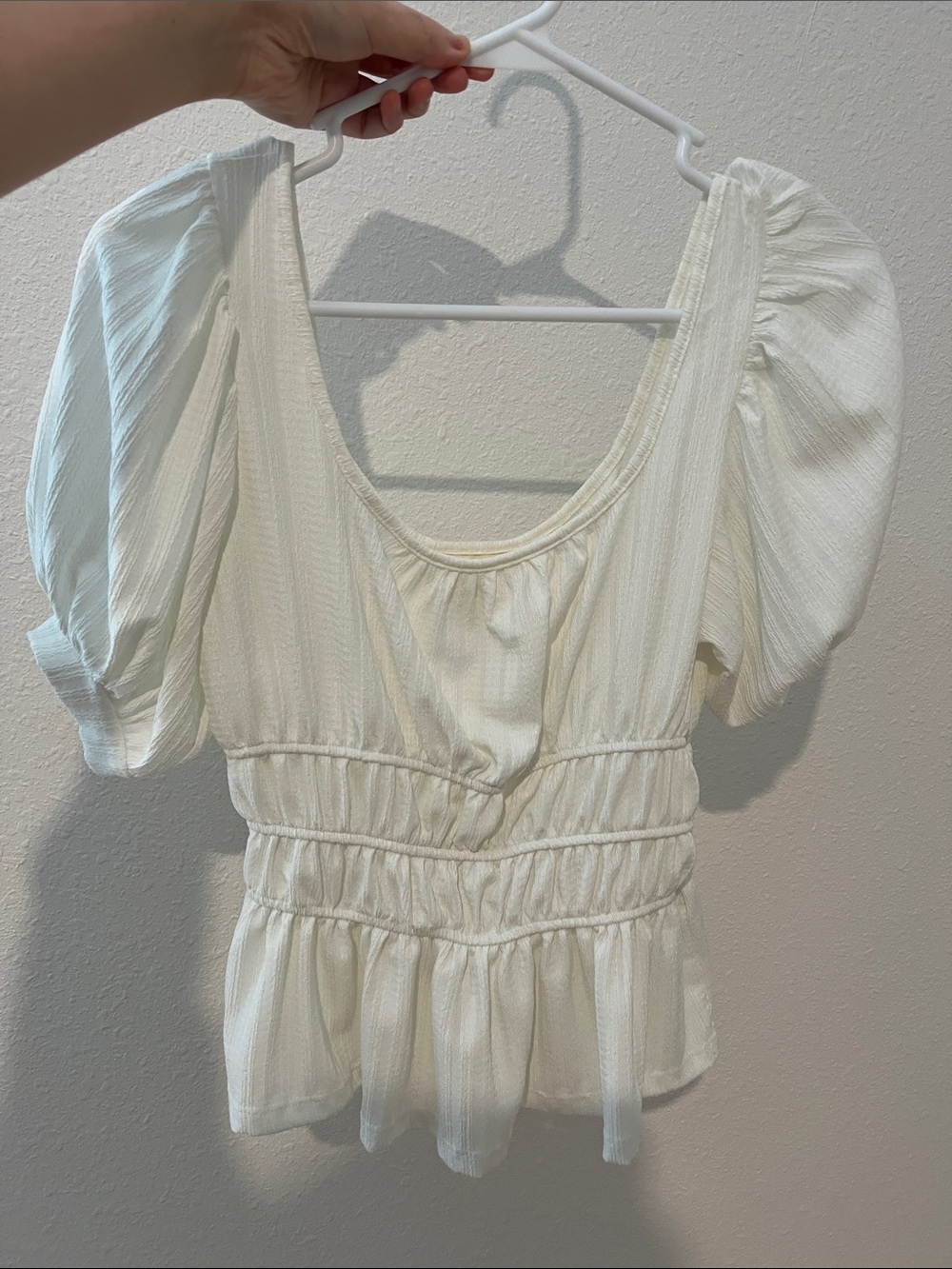 Maeve White Puff Sleeve Smocked Waist Women's Top